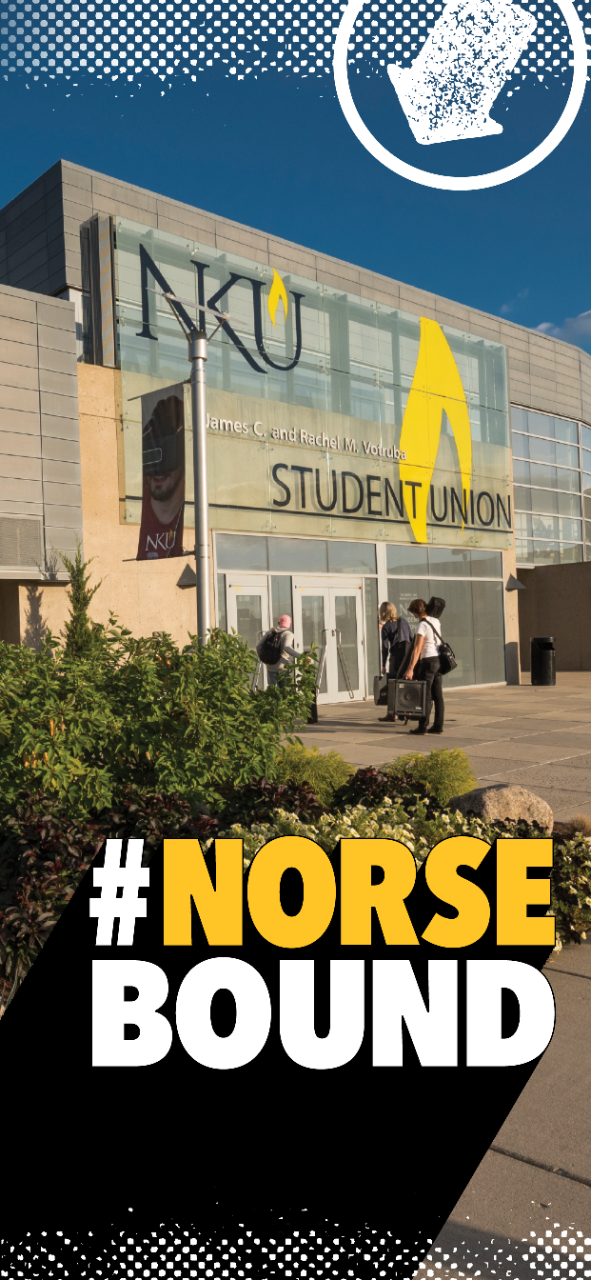 Student Union front door with bright blue sky and students standing in front talking