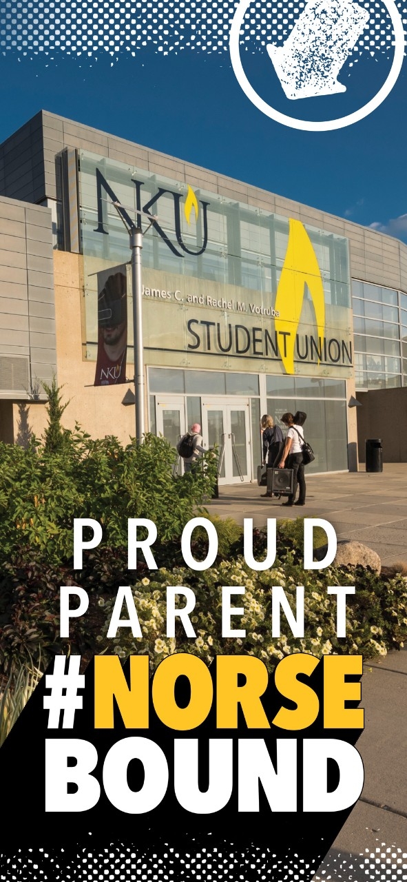 Student Union front door with bright blue sky and students standing in front talking