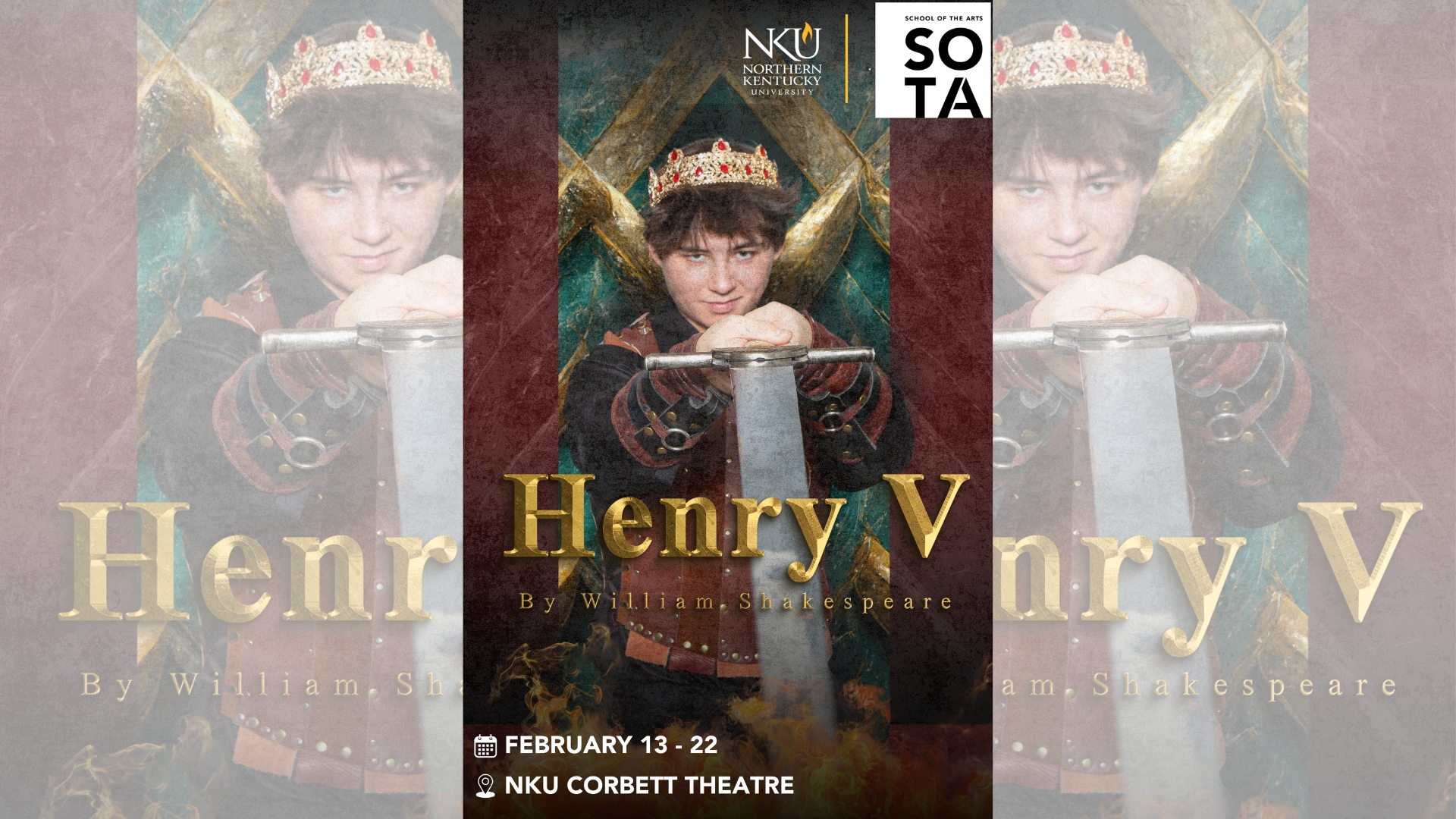 Henry V promo photo; king pointing sword directly in front of face with performance dates in bottom left corner