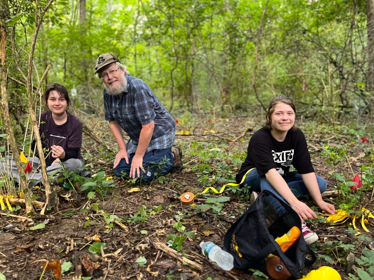 NKU Biological Sciences students and faculty conduct research outside in the woodlands of NKU's Research and Education Field Station