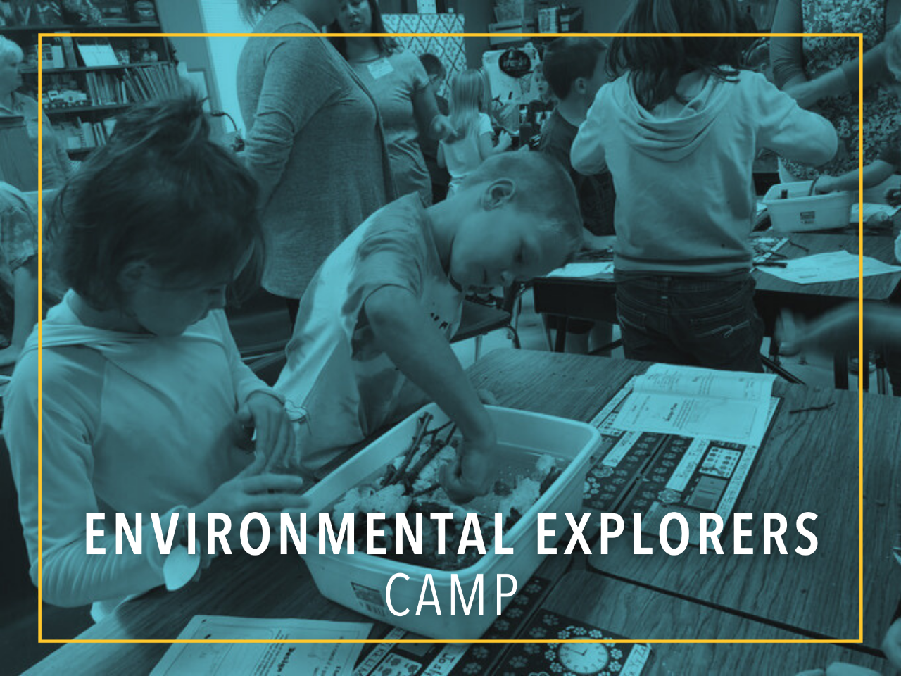 Kids in a classroom doing a hands-on environmental science activity in a bucket