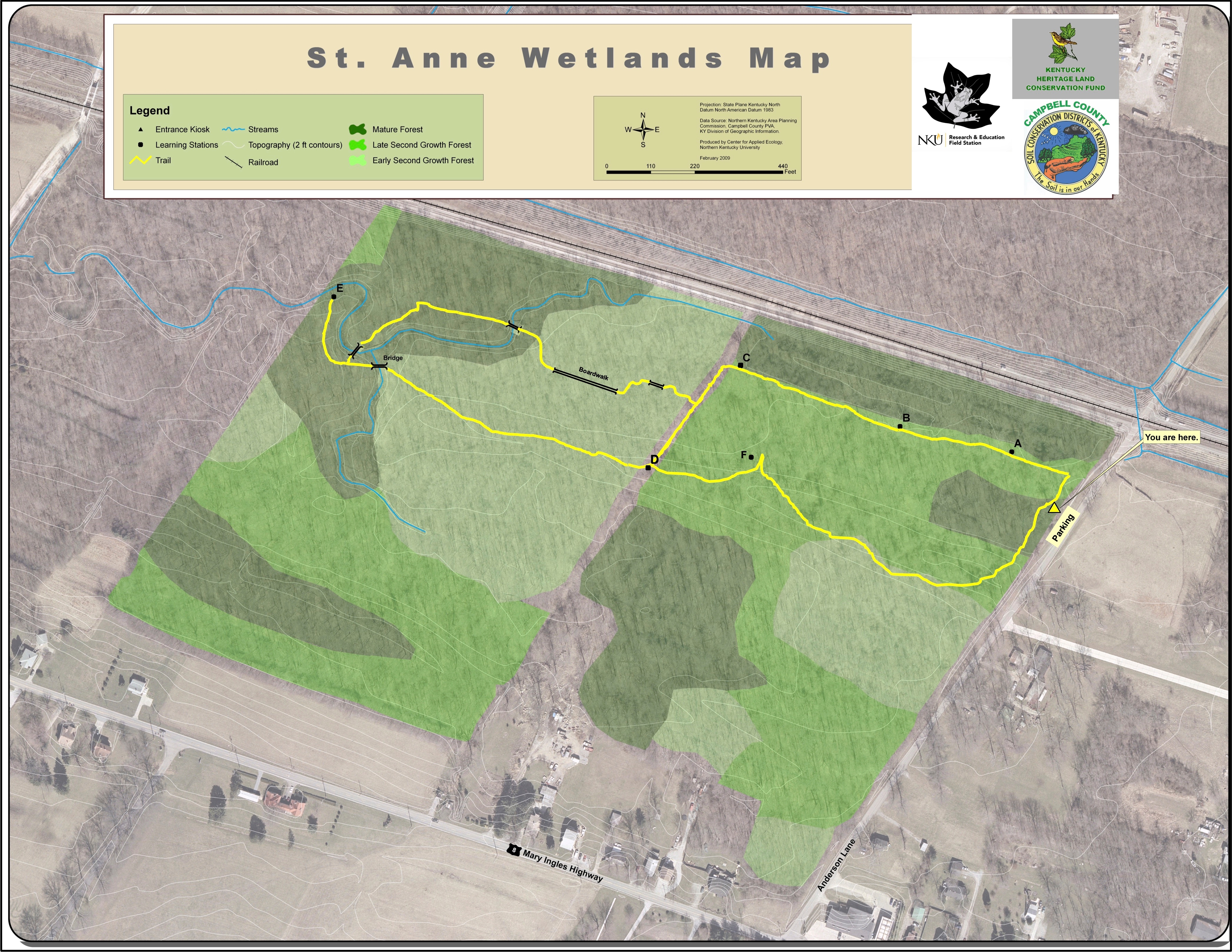 Trail map of the St. Anne Wetlands south trail that is open to the public.