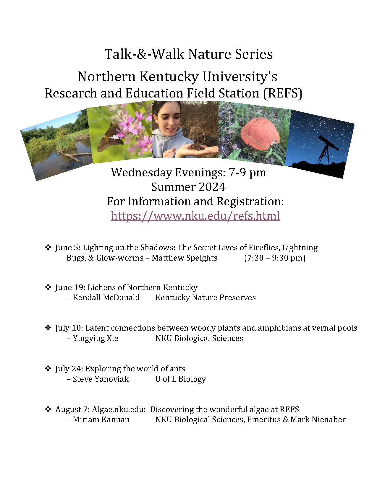 A schedule of the Talk-&-Walk Nature Series for NKU REFS