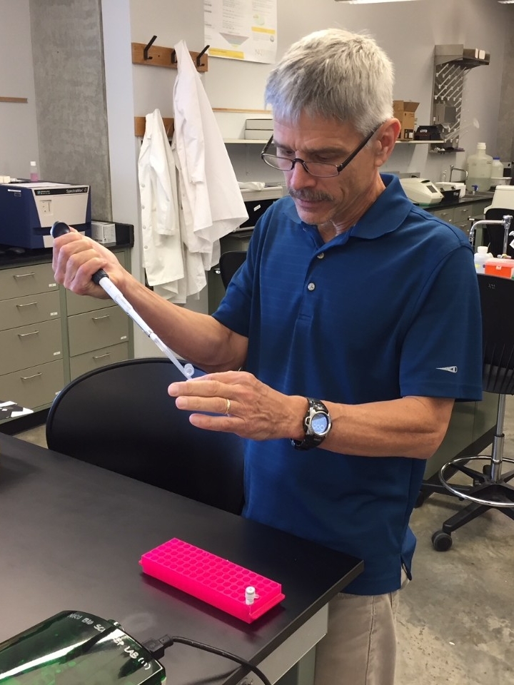 Photo of Dr. Schultheis working in one of the research labs on campus.